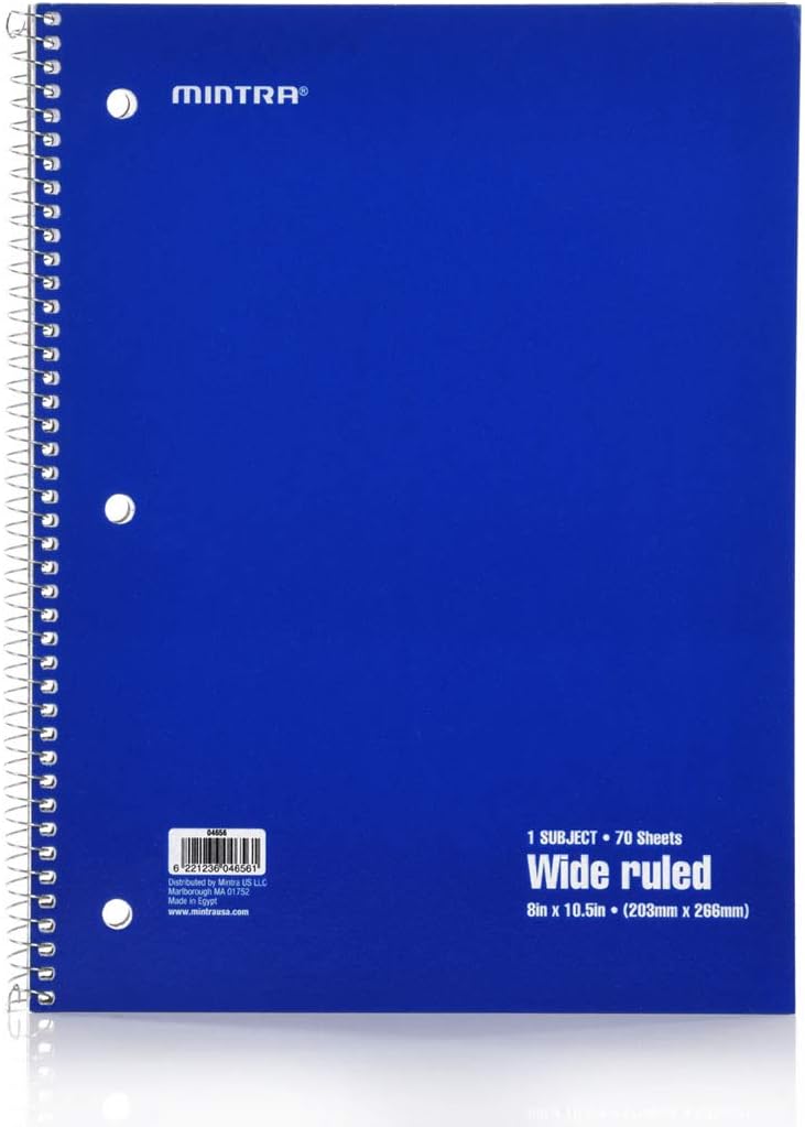 Mintra Office Spiral Notebooks - 1 Subject, 70 Sheets, WIDE Ruled, 8in x 10in, Bulk Pack, Primary Color Covers, Set of 6 - for School, Office, Business, Professional (04656)
