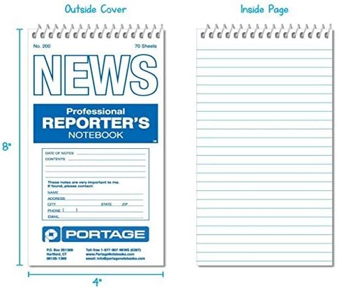 Portage Reporters Notebook – Top Bound Spiral Pocket Notepad, Steno Note Book, Perfect for Reporters & Journalists Taking Notes in the Field, Gregg Ruled 11/32" – 4 x 8 In, 70 Sheets,140 Pg, (3 Pack)