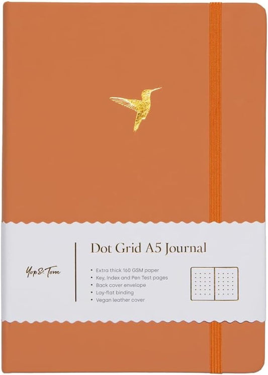 Yop & Tom Bullet Dotted Journal (A5) - Hummingbird - Dot Grid Notebook With Extra Thick Paper (160 GSM) - Burnt Orange