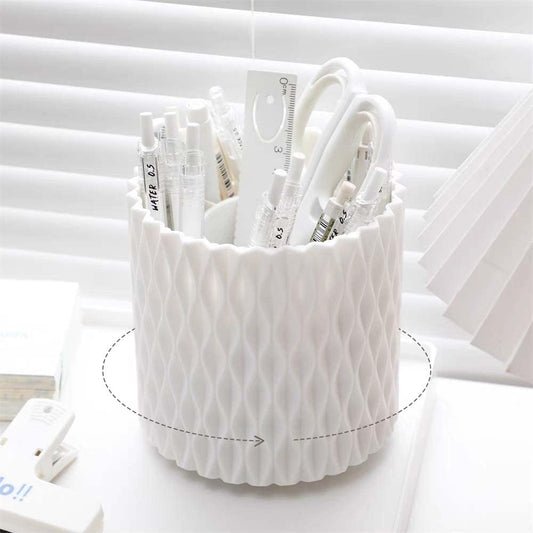 OWLFAVO Rotate Desk Organizer, Spinning Pen Holder Stationery, 360-Degree Pencil Accessories Storage Caddy Tray for College, Home, Office, Makeup Brush, 5 Compartments, White