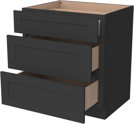 Shaker Style Charcoal Black RTA Base Cabinet with Drawers- Solid Wood 3-Drawer Design with Soft Close, 21" W x 24" D x 34.5" H, Perfect for Standalone Use or Kitchen Cabinet Combinations