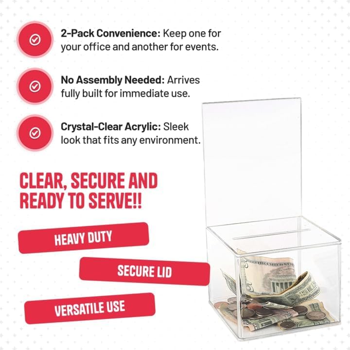 Acrylic Charity Donation Ballot box Fundraising Coin collection Tip box 5" x 5" x 4" office Suggestion Box Piggy Bank ticket bucket with 4" x 6" Sign Poster Display area(2 Pack)