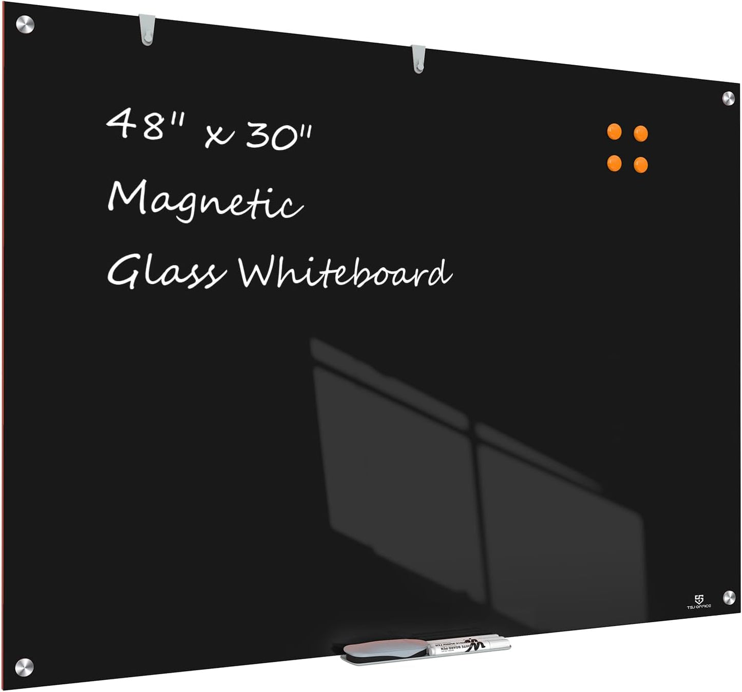 TSJ OFFICE Glass Dry-Erase Board - 48 x 30 Inches Wall Mounted Black Glass Magnetic Whiteboard, Large Frameless White Board for Office, Home & School