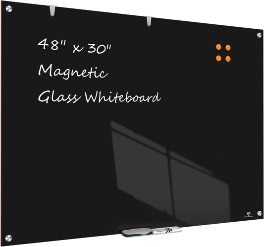 TSJ OFFICE Glass Dry-Erase Board - 48 x 30 Inches Wall Mounted Black Glass Magnetic Whiteboard, Large Frameless White Board for Office, Home & School