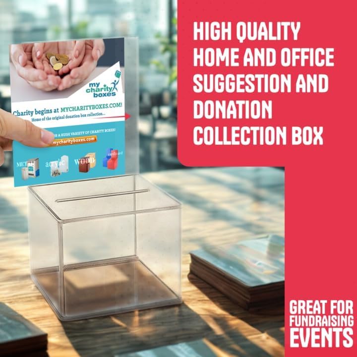 Acrylic Charity Donation Ballot box Fundraising Coin collection Tip box 5" x 5" x 4" office Suggestion Box Piggy Bank ticket bucket with 4" x 6" Sign Poster Display area(2 Pack)