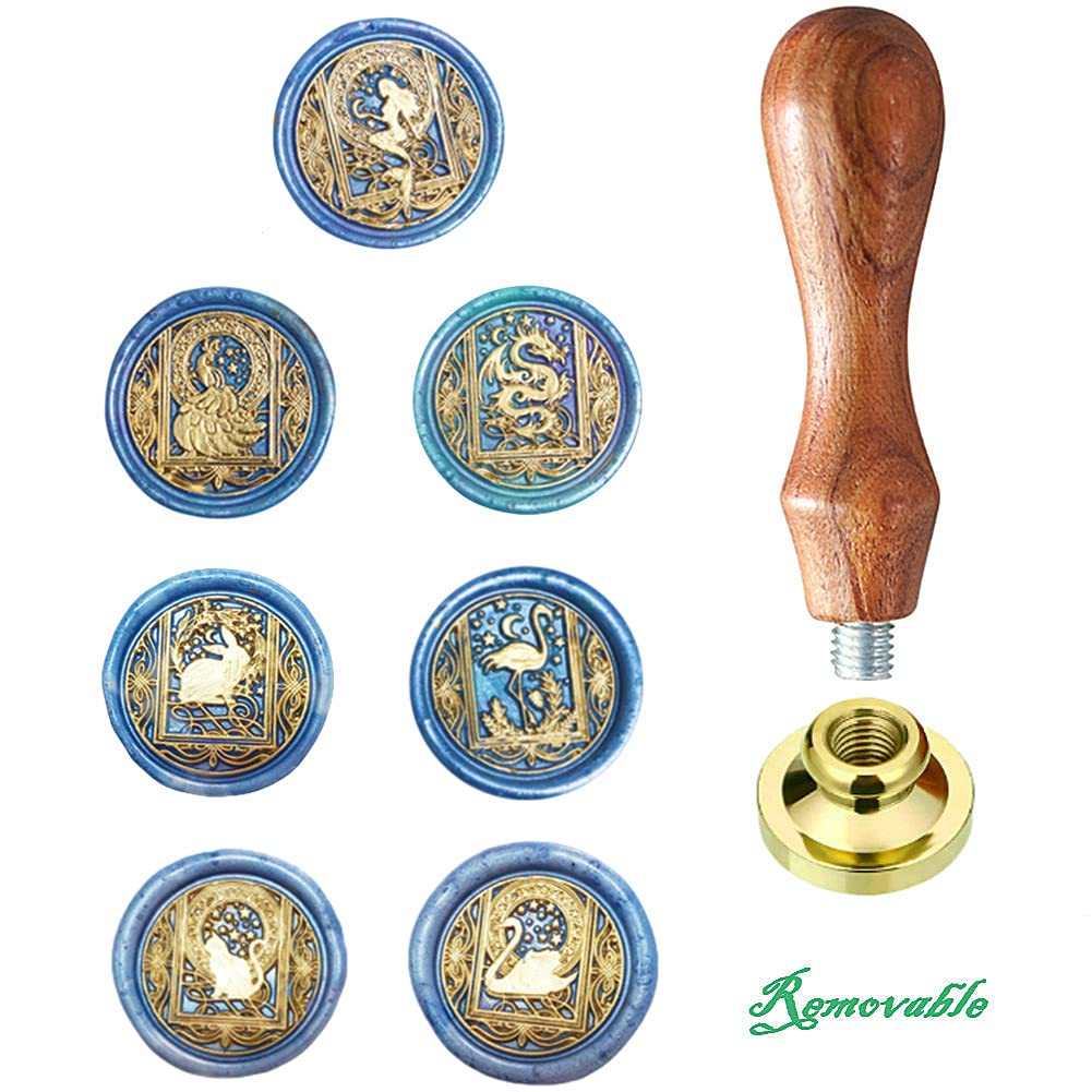 Wax Seal Stamp kit, ANBOSE Starry Animal Wax Seal Stamp Set with 7 PCS Removable Brass Heads and 1 Wooden Handle, Retro Vintage Mermaid Peacock Dragon Rabbit Flamingo Cat Swan Sealing Wax Stamp