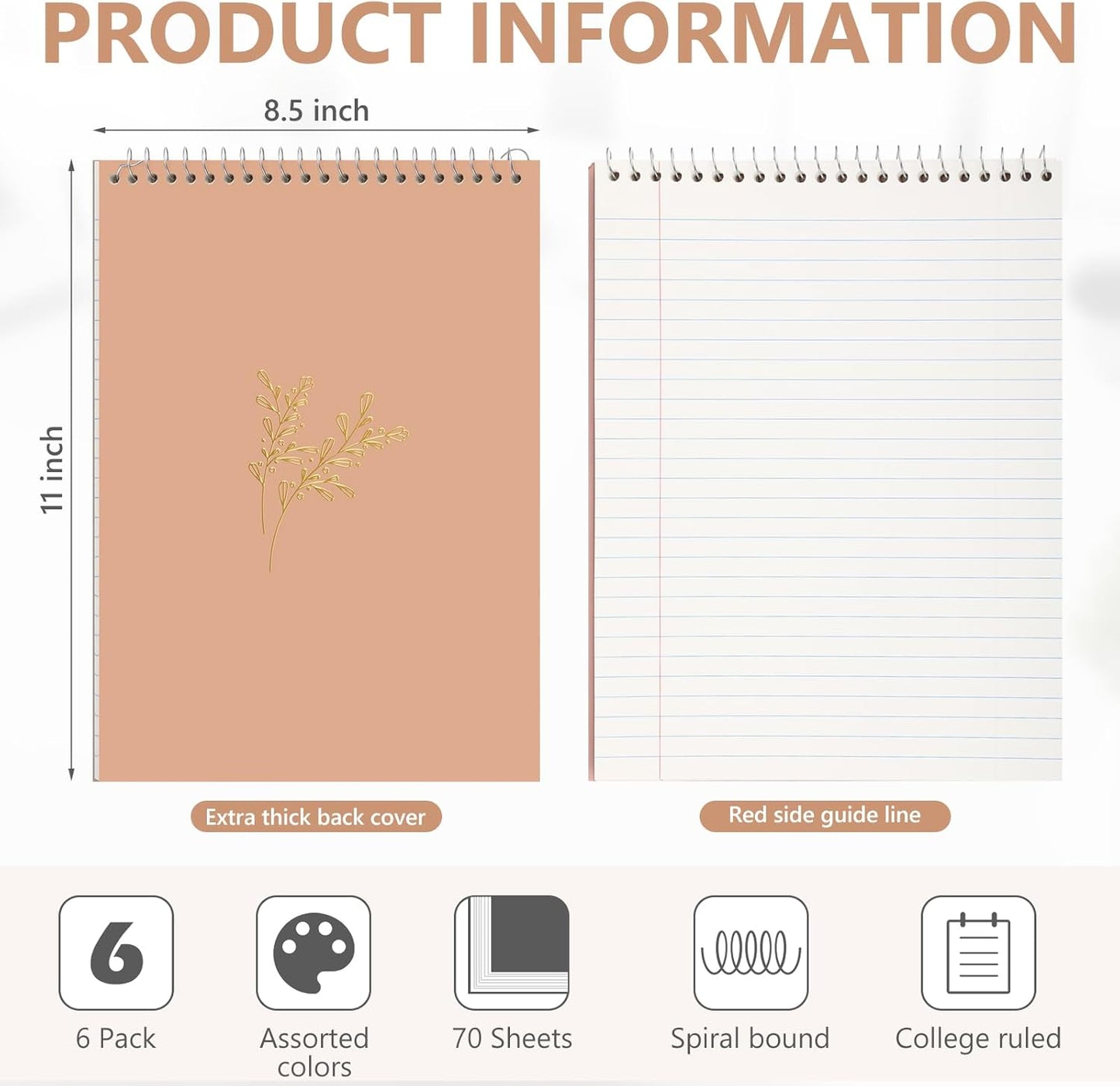 6 Pack 8.5 x 11'' Top Bound Office Steno Book Wide Ruled Double Sided Spiral Notebooks Reliable White Paper 70 Sheets/Pad Pastel Colors Covers for Writing School Notes(Hot Stamping)