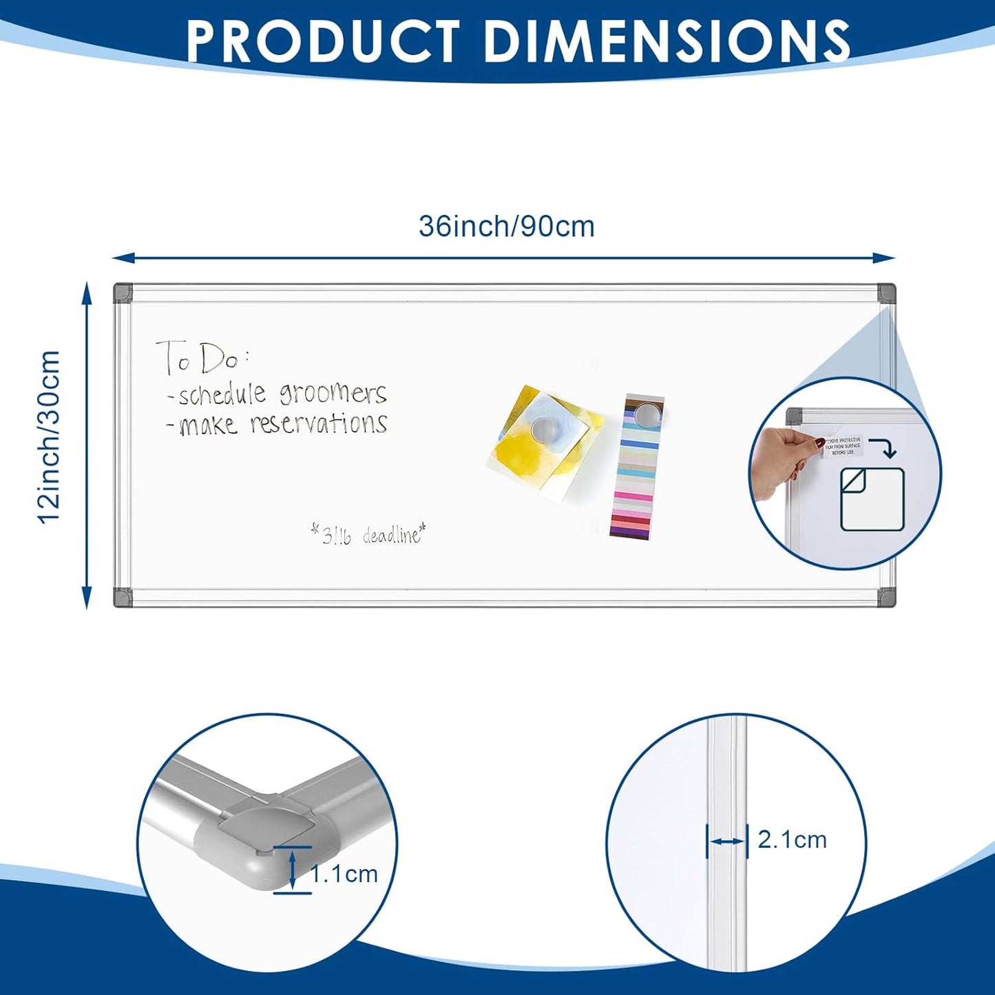 36" x 12" Magnetic White Board, Long Whiteboard Wall Hanging Vertical Board, to-do List Narrow Mini Small Portable Dry Erase Board for Walls