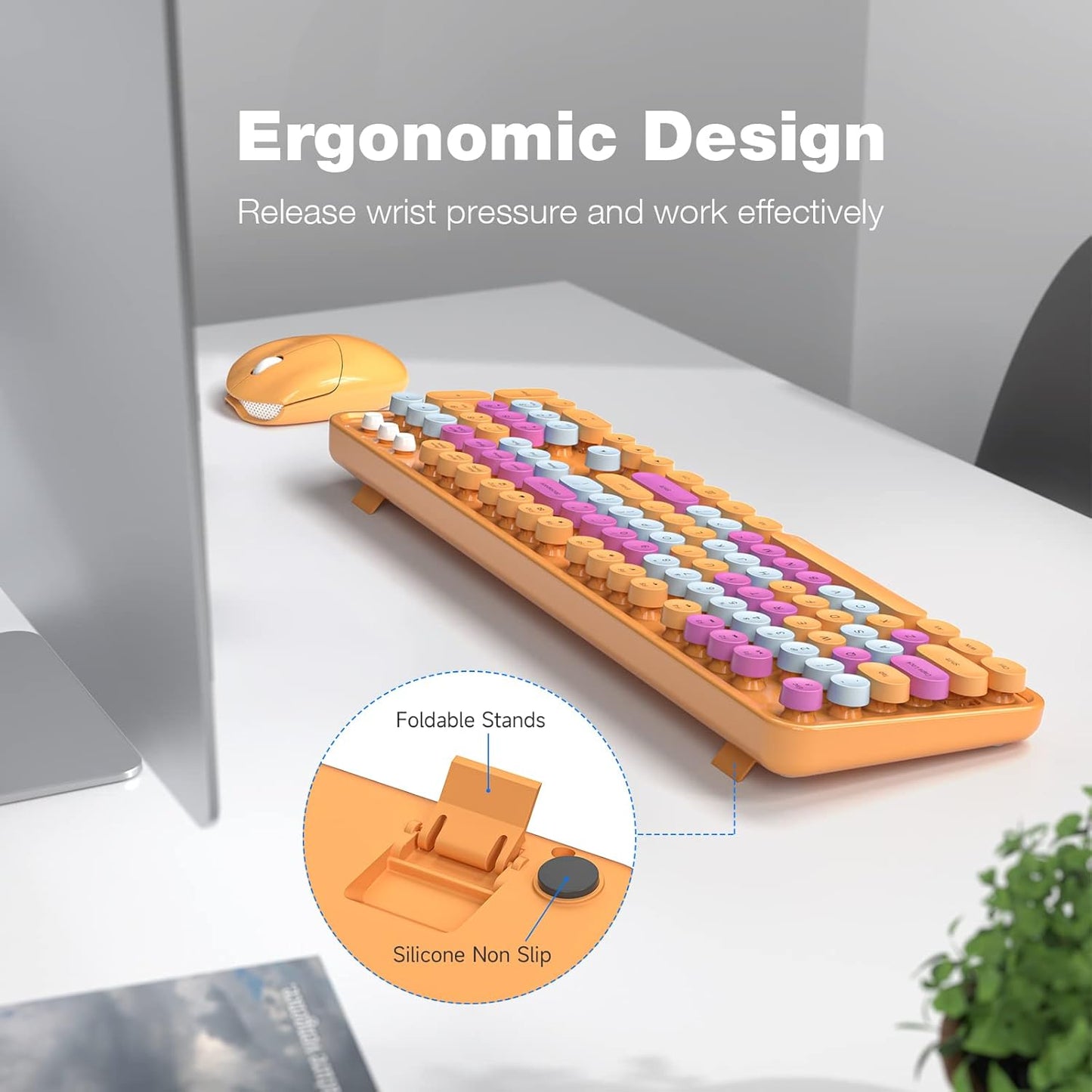 MOFII Wireless Keyboard and Mouse Combo, Orange Retro Keyboard with Round Keycaps, 2.4GHz Dropout-Free Connection, Cute Mouse for PC/Laptop/Mac/Windows XP/7/8/10 (Orange-Colorful)