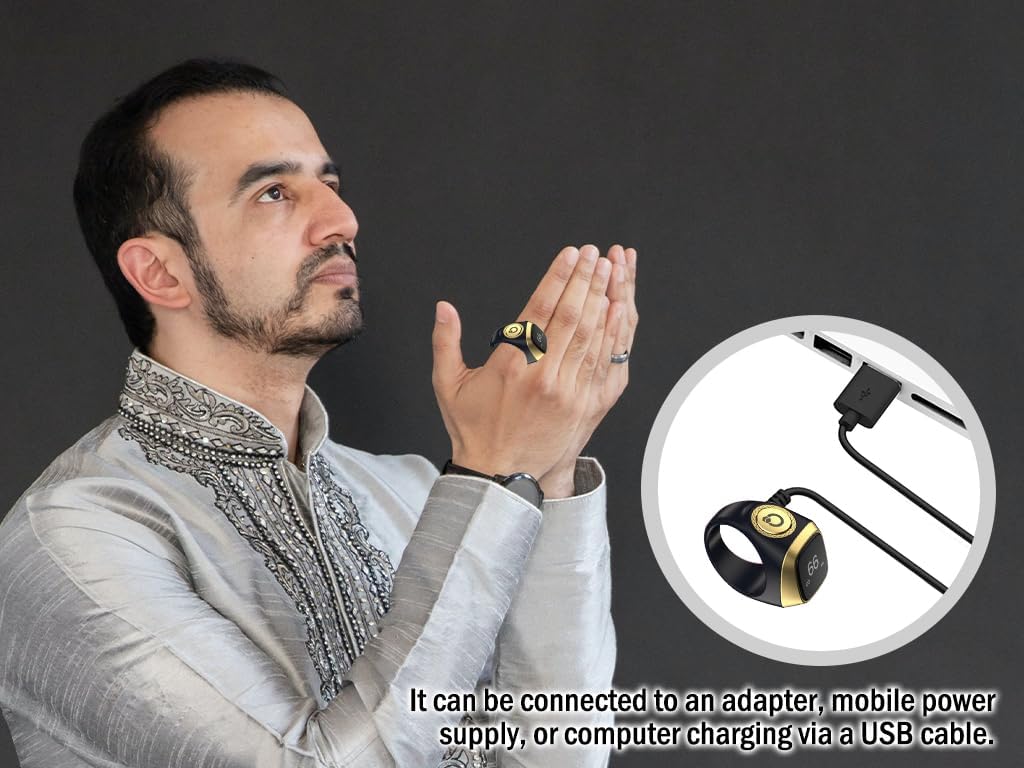 Smart Ring Counter,Tasbih Counter Smart Ring,Rechargeable Finger Counter,18mm Muslim Islamic Prayer Smart Rings,Digital Electronic Smart Tally Counter for Prayer Time Reminder(Black,18MM)