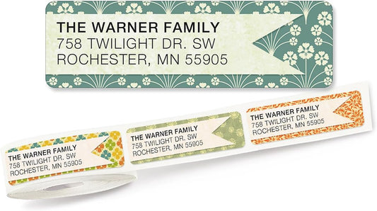 Blossom Banner Rolled Personalized Return Address Mailing Labels with Dispenser, Set of 250, 5 Designs, Small ¾ x 2½ Inch Size, Custom Self-Adhesive Sticker Roll, by Colorful Images