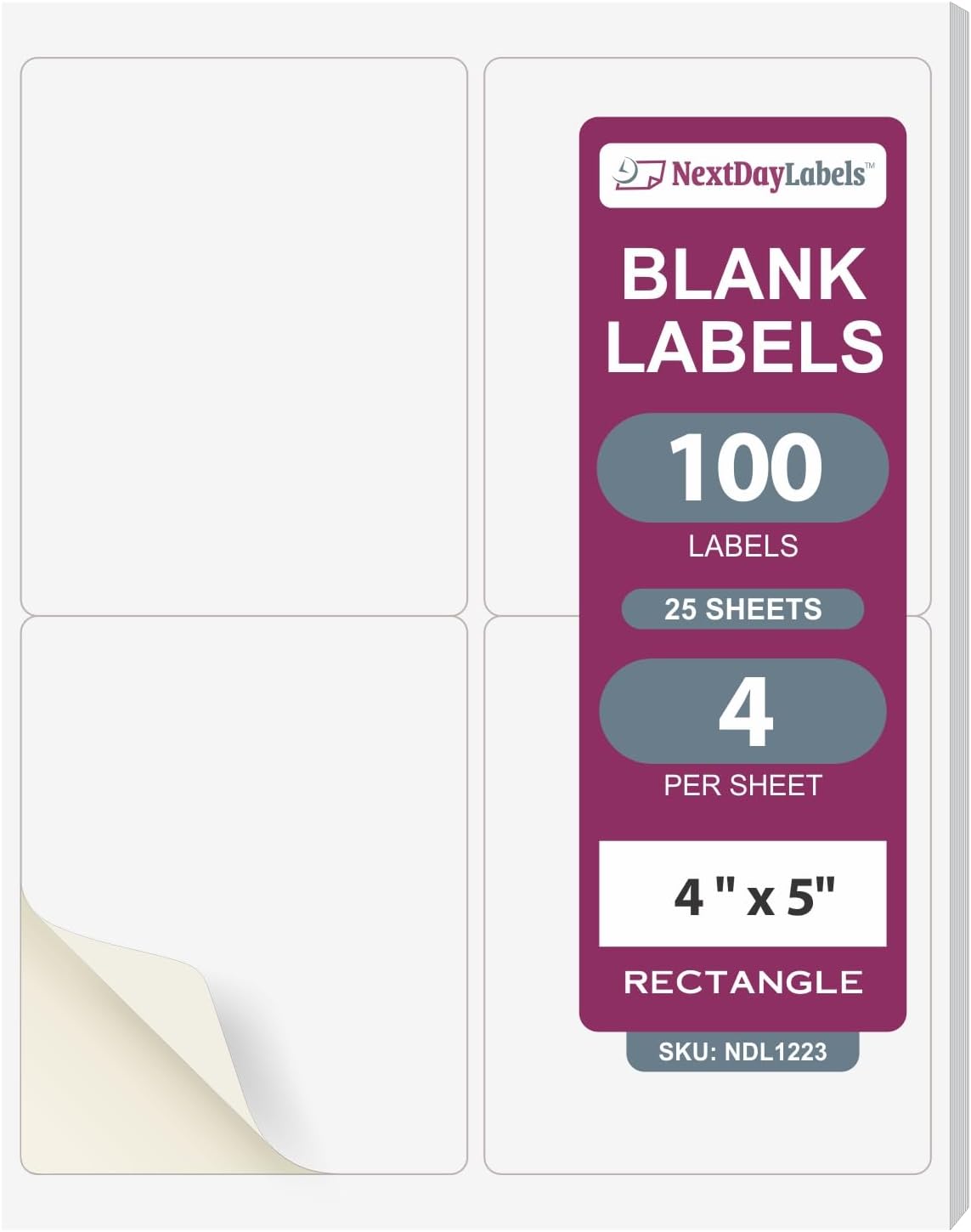 NextDayLabels – 4” x 5” Rectangular Sticker Labels for Printer - White Laser/Inkjet Printer Labels Return Address Labels Shipping Label Stickers (25 Sheets, 4 Per Sheet, 100 Labels)