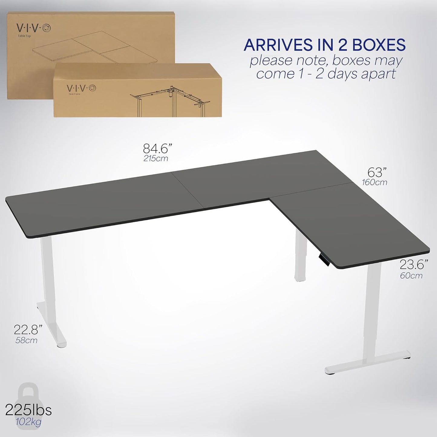 VIVO Electric Corner L-Shaped 84 x 63 in Standing Desk, Memory Height Adjustment, Black Top White Frame, DESK-E3CTWB-84