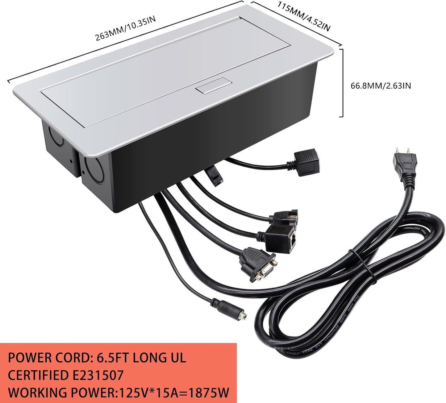 Pop Up Outlet; Pop up Power Strip; Embedded countertop Connection Outlet Box; 2 Outlets Max Power 1875W,HDMI USB VGA 3.5mm Audio Network Port Conference Table Multimedia Outlet Box -Silver