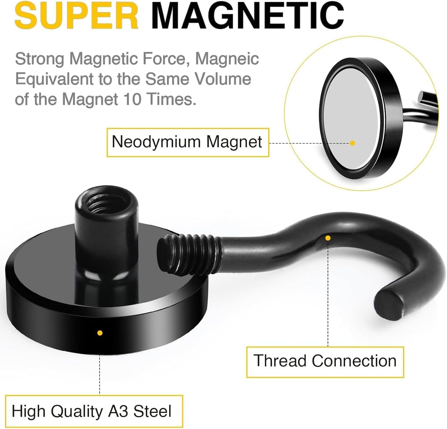 DIYMAG Black Magnetic Hooks, 80 LB Heavy Duty Strong Magnets with Hook, Rare Earth Neodymium Magnetism for Cruise Cabins Cruise Ship Essentials 12 Packs