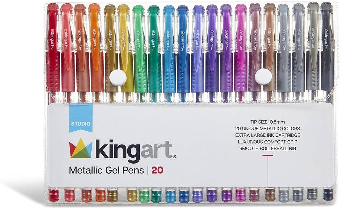 KINGART 400-20 Metallic Rollerball Gel Pens, Set of 20 Shiny Colors with Soft-Grip Comfort, XL Ink Cartridge - Ink, Great for All Ages, Writing, Coloring, Doodling, Scrapbooking, Journaling & More
