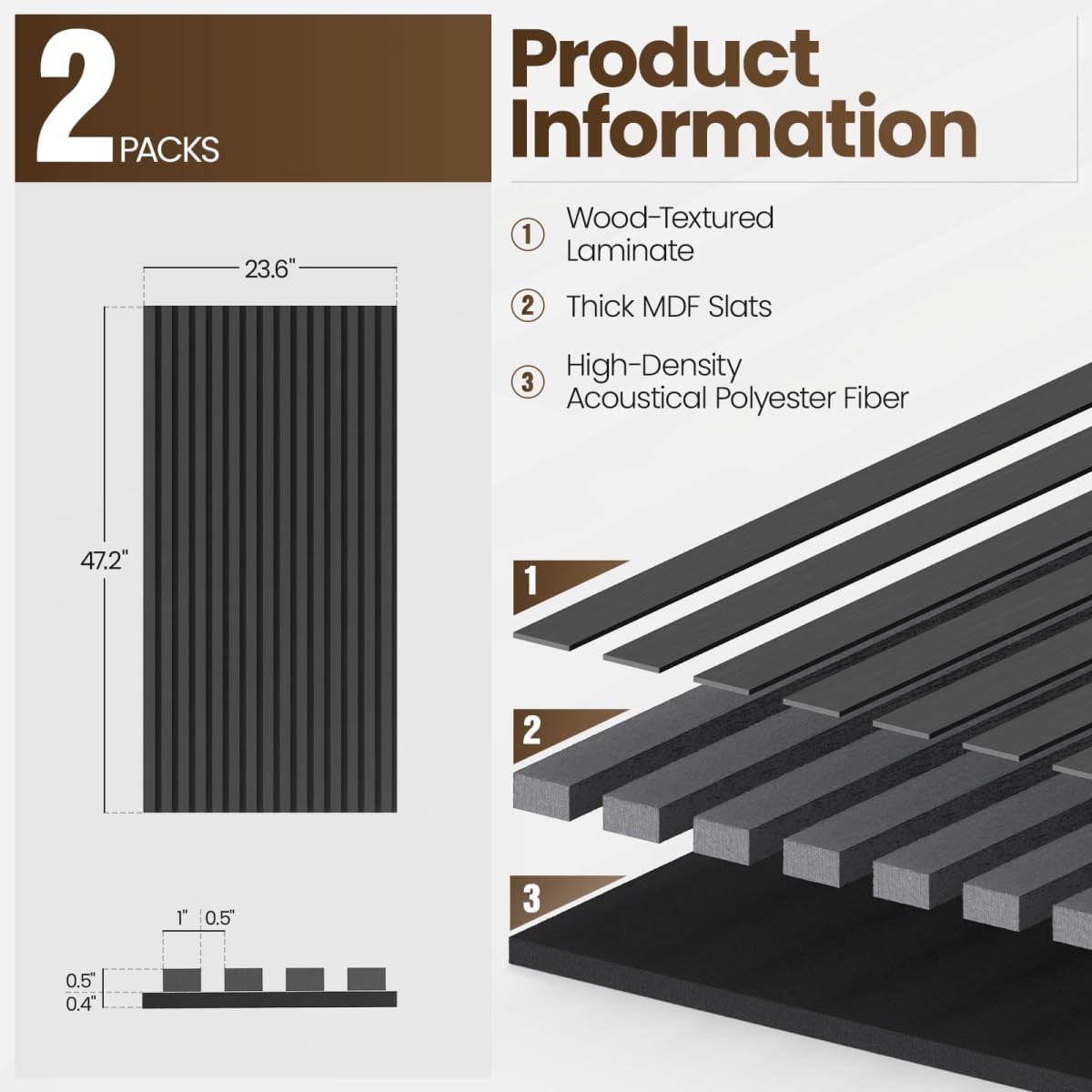 2 Pack Acoustic Wood Panels for Wall and Ceiling, 47.2" x 23.6" Wood Slat Wall Panel for Noise Reduction, Decorative Sound Proof Paneling for Office Studio Home Theater Kitchen Island, Black