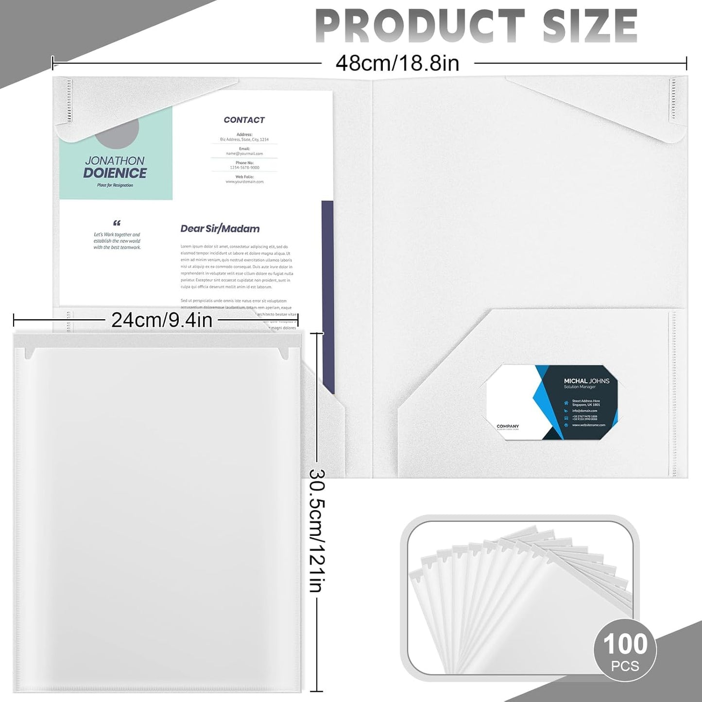 Henoyso 100 Pcs Plastic Folders with Clear Front Pockets Bulk Heavy Duty File Folders with 2 Pockets and Card Slot for Student Teacher Back to School Supplies Office Presentation (White)