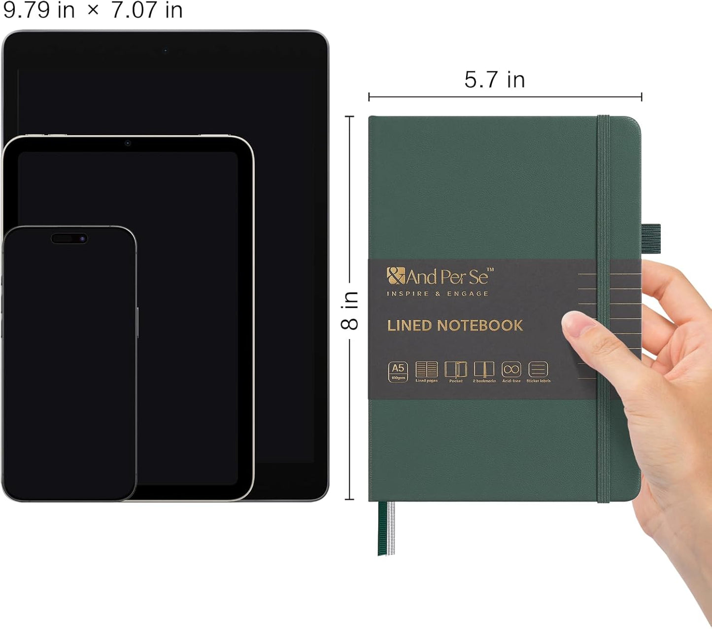 &And Per Se Lined Journal Notebook (10 Packs), 160 Pages, A5 5.7 x 8 inches College Ruled Thick Paper Notebook Journals for Writing, Hardcover Notebooks for Women Men Office School (Green)