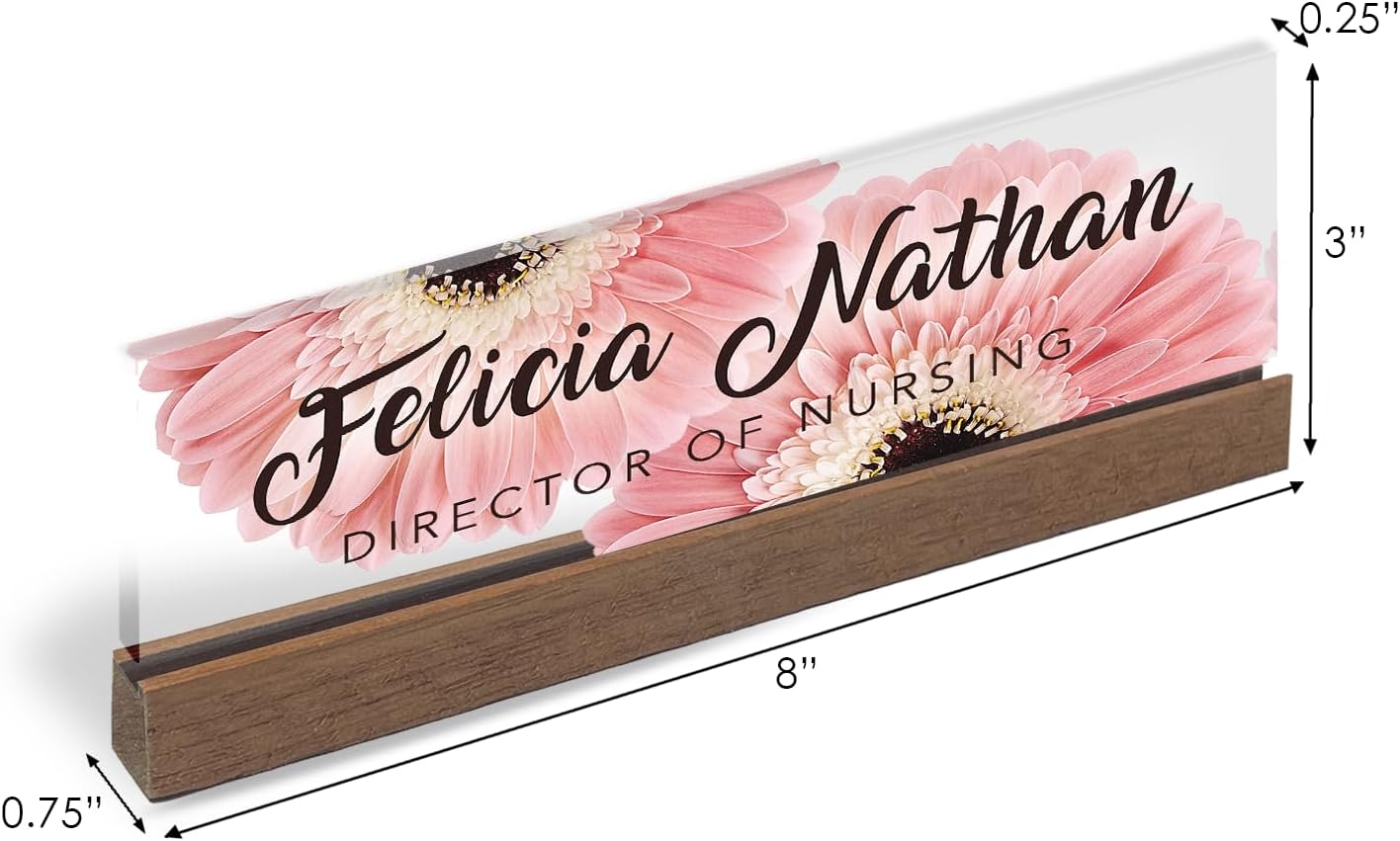 Artblox Personalized Office Desk Name Plate and Business Card Holder | Clear Acrylic Glass with Teak Wood Stand | Pink Daises Design Customized with Your Name and Credentials Office Desk Decor