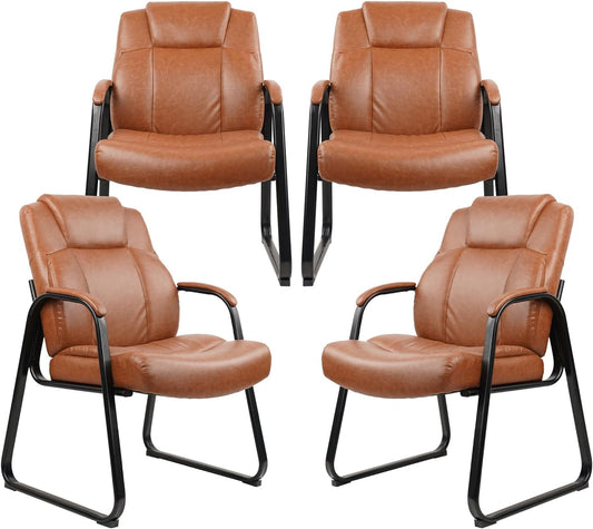 CLATINA Big & Tall 500 lb. Guest Chair, PU Leather Office Reception Chairs with Sled Base, Desk Chair No Wheels for Waiting Room Conference Lobby Computer Living Room, Brown, 4 Pack