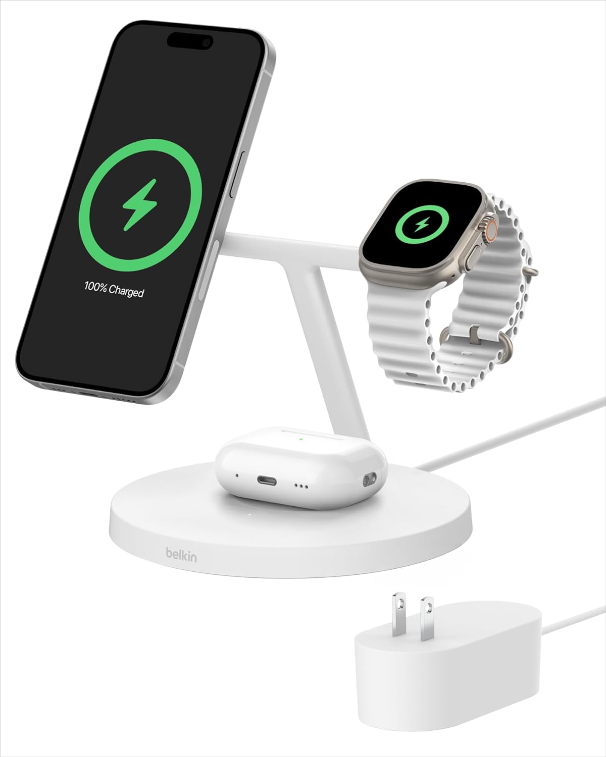 Belkin MagSafe-Compatible Charger, 3-in-1 Wireless Charging Station, Qi2-Certified 15W Wireless Charge for Apple iPhone 16 Series, Apple Watch, AirPods w/Non-Slip Base, 40W Included - White