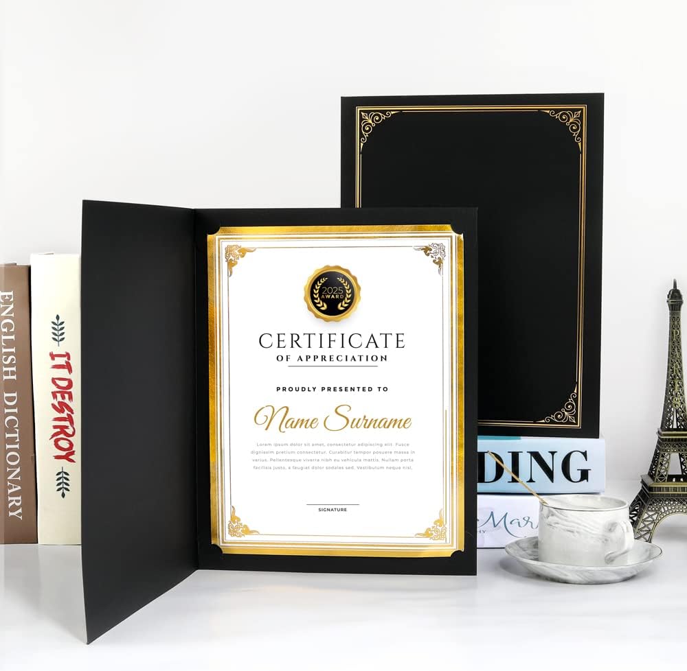 SUNEE Certificate Holders(Black, 30 Packs, New Pattern), Diploma Covers Gold Foil Border, for Letter Size 8.5x11 Certificates, Cardstock, Document Papers