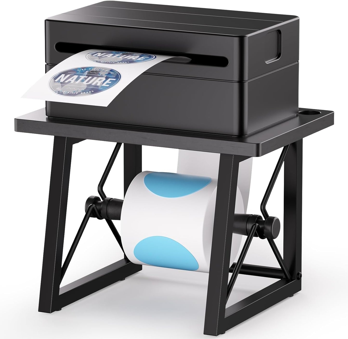 Label Holder for Rolls and Fan-fold Labels, Wooden Label Stand for Shipping Label Printer, Sticker Roll Holder Thermal Printer Accessory for Home, Office (Black)