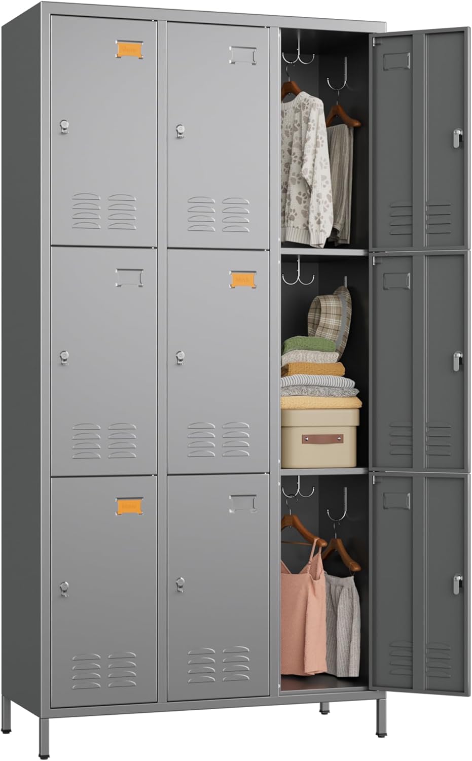 9 Doors Metal Locker with 27 Hooks and Business Card Holder,Metal Lockers for Employees with Ventilation Holes for School Office Gym Garage,Assembly Required,Dark Grey