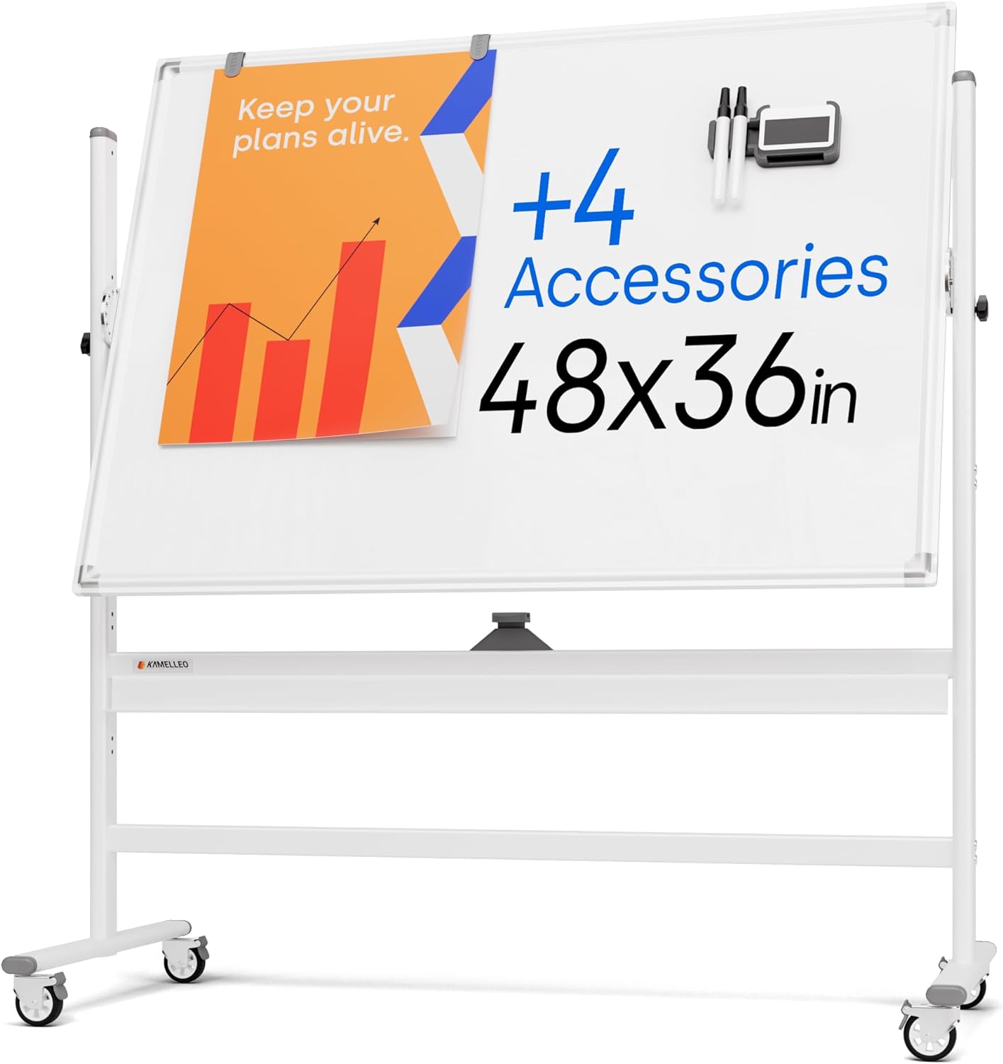 Rolling Dry Erase Board 48 x 36 - Large Portable Magnetic Whiteboard with Stand - Double Sided Easel Style Whiteboard with Wheels - Mobile Standing White Board for Office, Classroom & Home