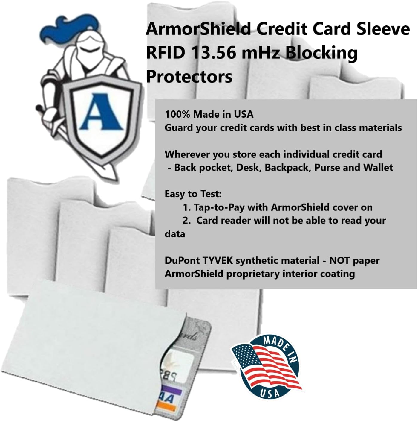 Semper Paratus Gear TYVEK Credit Card Sleeves Protectors 100% MADE IN USA - For Travel wallet, back pocket, backpack or purse. RFID Blocking 13.56 mHz (20, White)