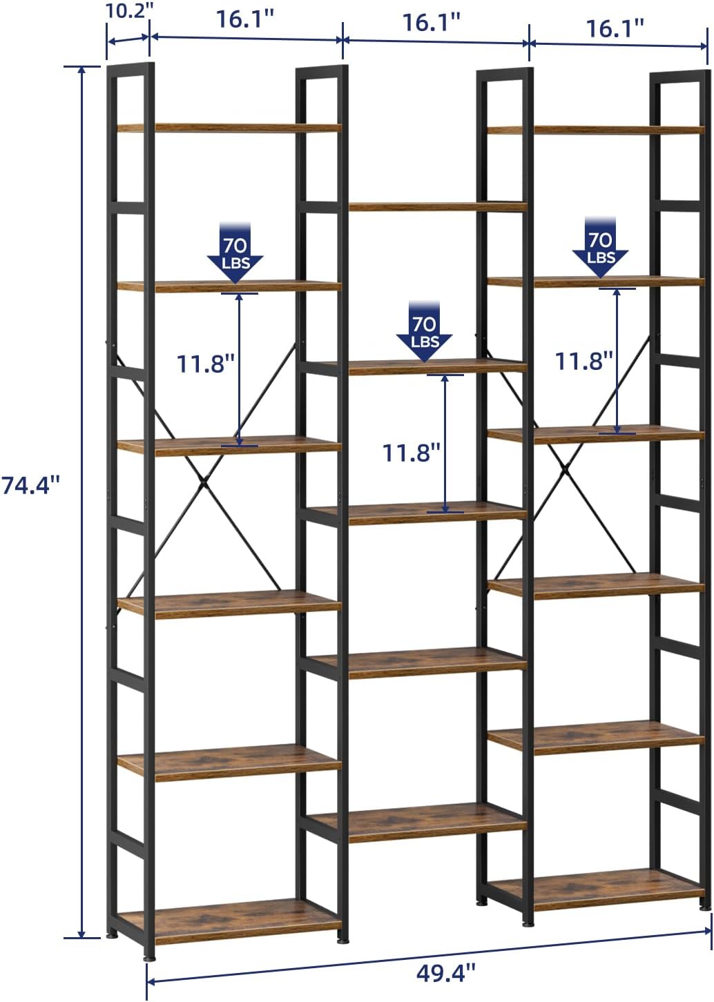 NUMENN Triple Column 6 Tier Bookshelf, Bookcase with 17 Open Display Shelves, Adjustable Rustic Industrial Style Book Shelves, Modern Bookshelves for Bedroom, Living Room and Home Office, Vintage