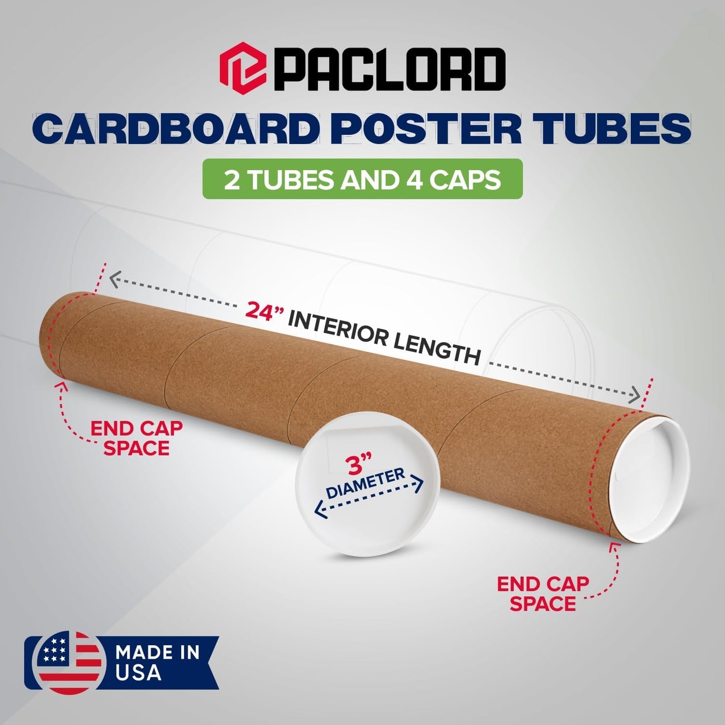 3" x 24" Reinforced Kraft Paper Mailing Tubes, Pack of 2 Tubes with 2 Caps Each – USPS Approved Poster Tube – Made in USA Cardboard Tube for Shipping and Storing Posters, Prints, Artwork, or Documents
