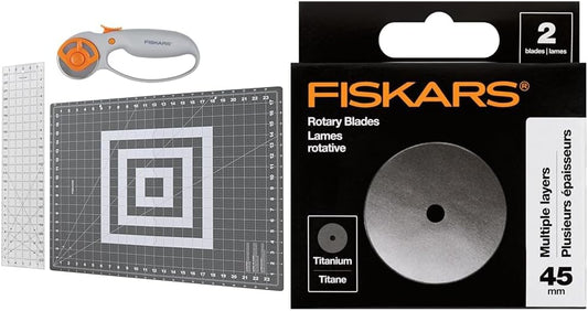 Fiskars 3-Piece Rotary Set - 45mm Fabric Cutter & Titanium Blades (2 Pack) - Blade Replacement