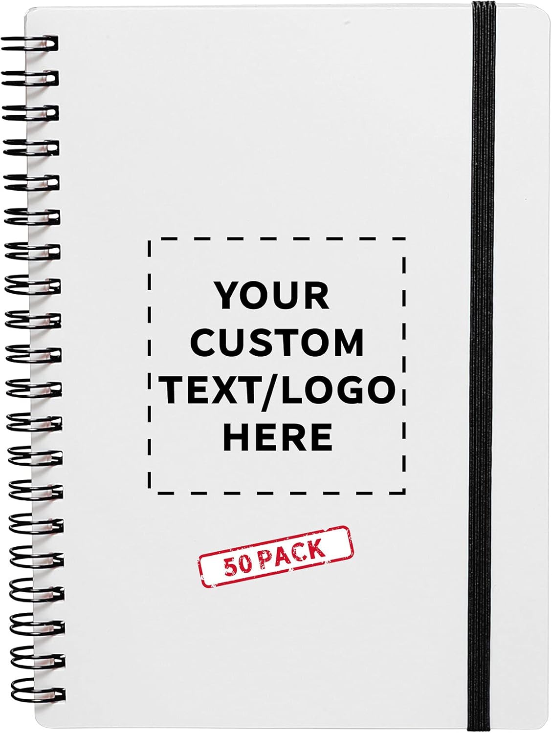 50 White Spiral Notebooks with Elastic Band Pack - Customizable Text, Logo - 80 lined pages, Recycled - Black