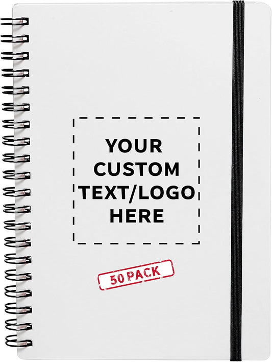 50 White Spiral Notebooks with Elastic Band Pack - Customizable Text, Logo - 80 lined pages, Recycled - Black