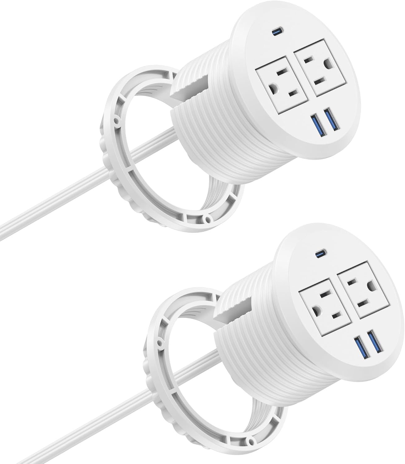 3 inch Desktop Power Grommet USB C,20W Fast Charging Station,Furniture Recessed Power Strip,2 Outlets,3 USB Ports,Flush-Mount for Desktop, Workspace Essential Desk Outlet,2 Pack (White)