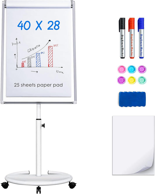 maxtek Mobile Dry Erase Board – 40x28 inches Magnetic Portable Whiteboard Stand Easel White Board Flipchart Easel Board with 25 Sheets Paper Pad for School Supplies
