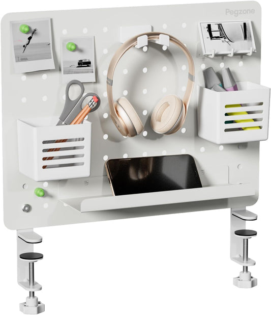 Clamp-on Desk Pegboard, Desk Organizer for Office Gaming Home, Magnetic Metal Peg Board with 10 Accessories, Privacy Panel for Office, 16.5" x 12.6", Medium, White