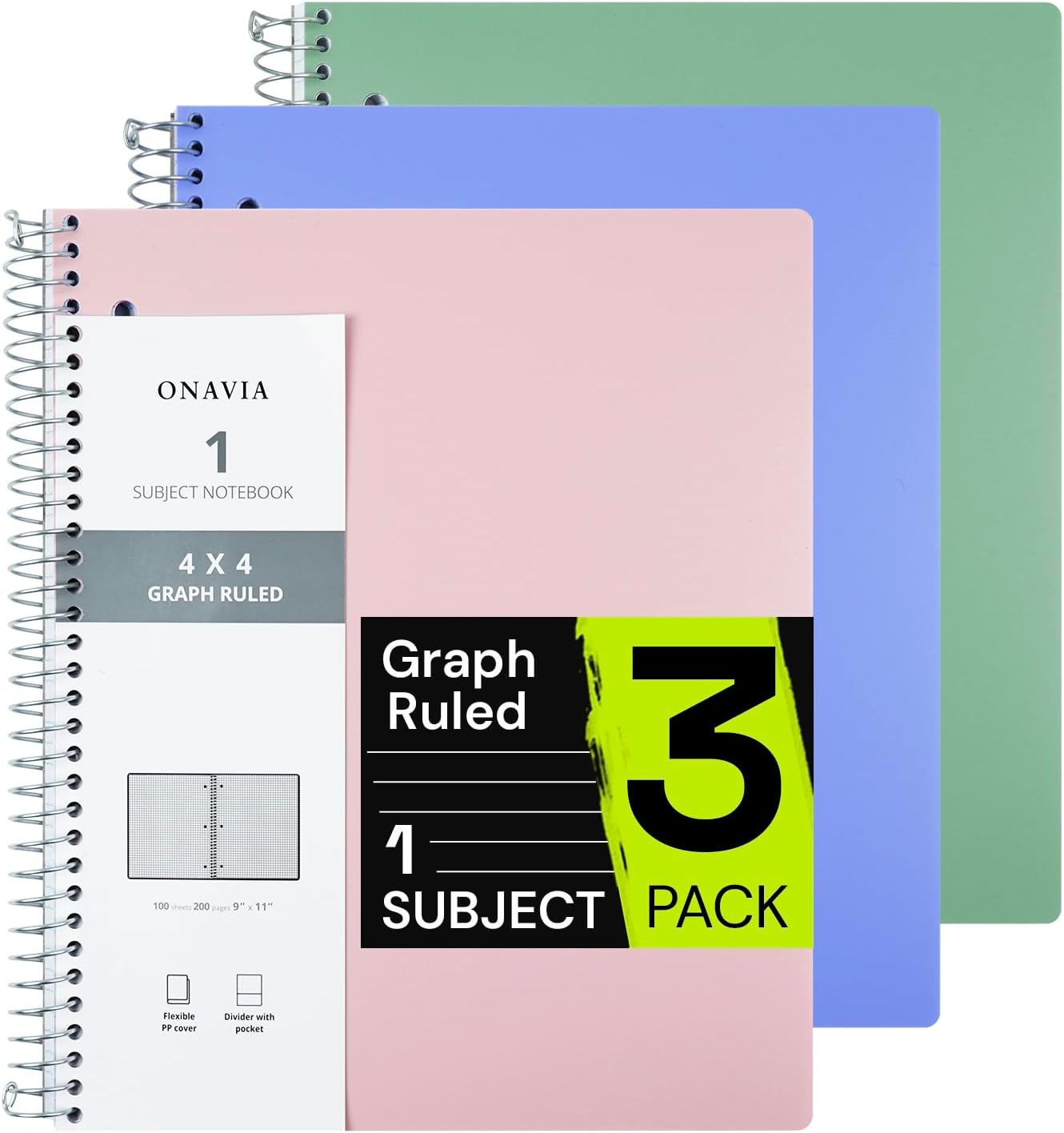 Spiral Notebook for School 3 Pack, 1 Subject, 4x4 Graph Ruled Paper, 100 Sheets, 9" x 11", 1 Divider with Pocket, 3 Hole Punched, Plastic Cover, 1/4" Grid Note Book Bulk, 3 Aesthetic Colors