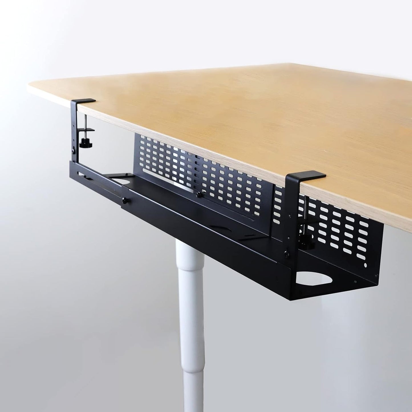 AEONS Under Desk Cable Management Tray Kit - Horizontal Adjustable up to 41” Removable C Clamp Mount Reversible Computer Cord Raceway and Modesty Panel for Large Desk, Black