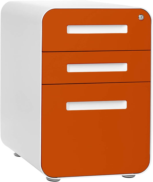 Laura Davidson Furniture Stockpile 3 Drawer File Cabinet with Lock - Under Office Desk Metal Filing Cabinet, Legal/Letter File Folders, Wheels and Stationary Feet, Pre-Assembled, Orange Faceplate