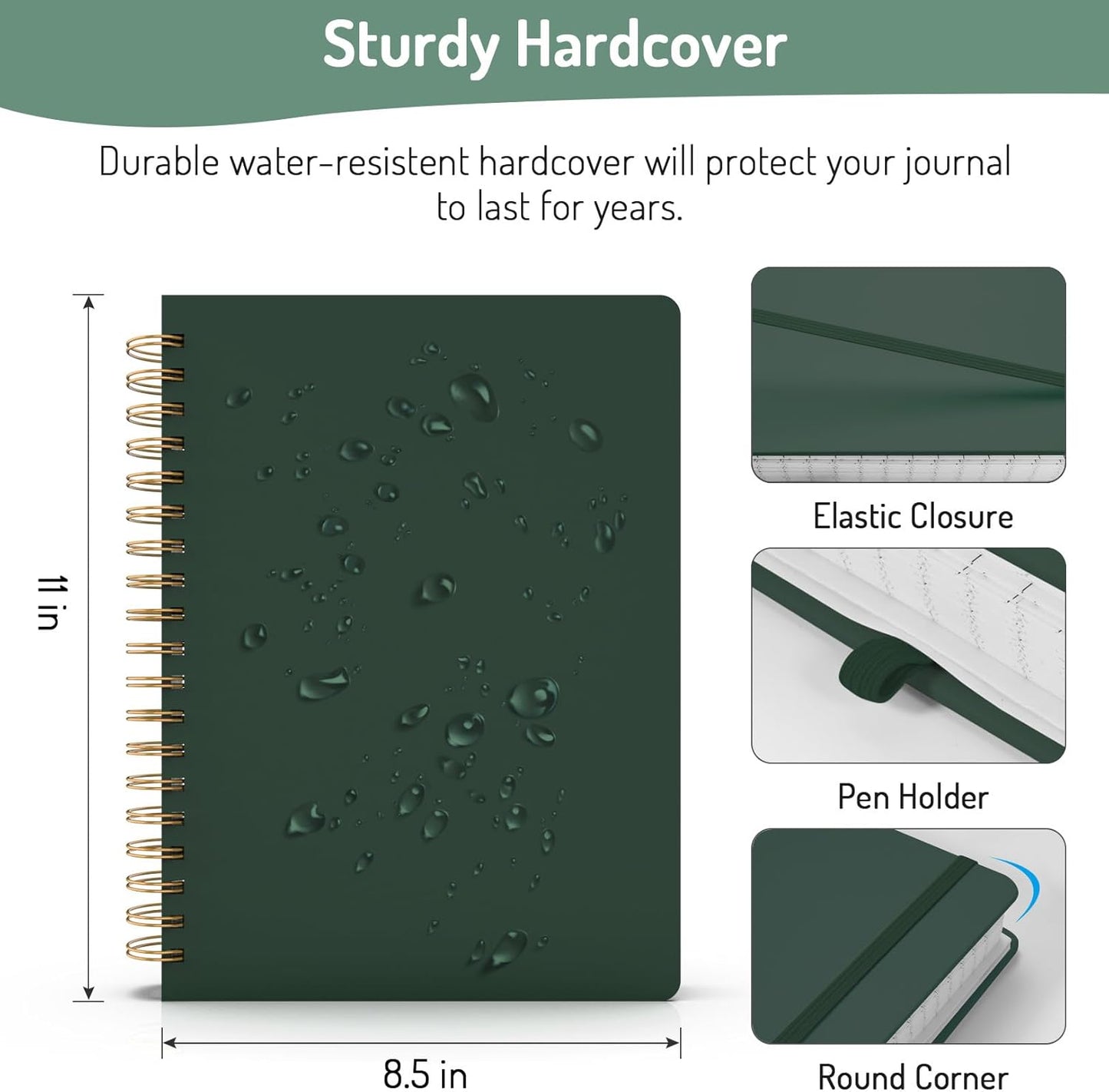 Forvencer A4 Lined Spiral Journal Notebook with 300 Numbered Pages, 11" X 8.5" Thick Journals for Writing with 100GSM Paper, Hardcover Notebooks with Contents for Work, School, Dark Green