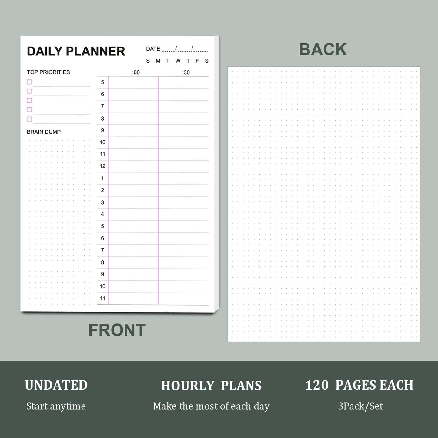 Tiankool To Do List Notepad 3Pack/Set,Daily To Do List with Priorities, Brain Dump, Hourly Scheduler and Notes,Daily Planner Notepad for Work, Study, 60 Tear Off Sheets Planning Pad, 7x10 Inch