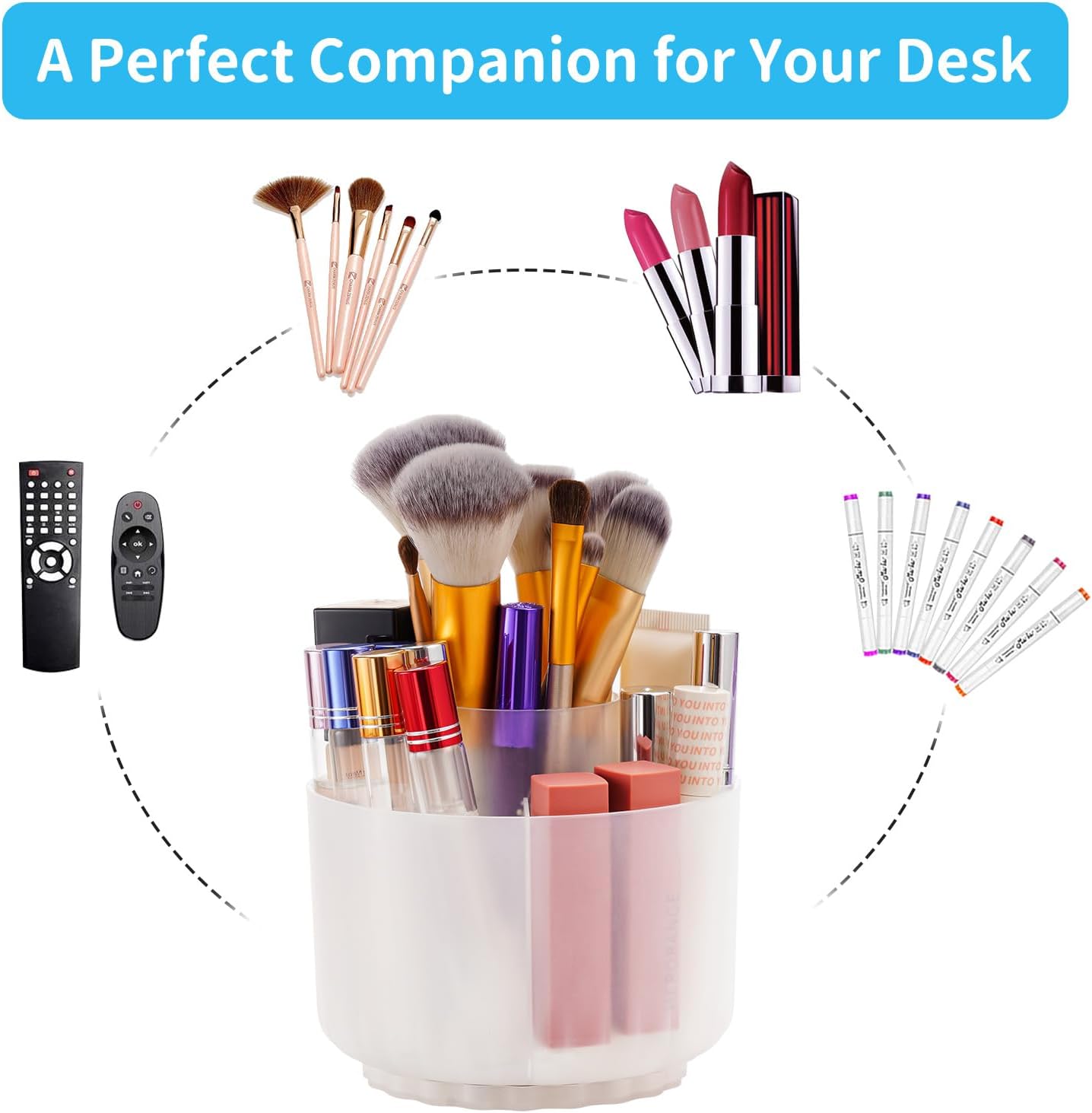 Marbrasse Desk Organizer, 360-Degree Rotating Pen Pencil Holder, Desk Organizers and Accessories with 5 Compartments Pencil Holder, Art Supply Storage Box Caddy (Translucent)