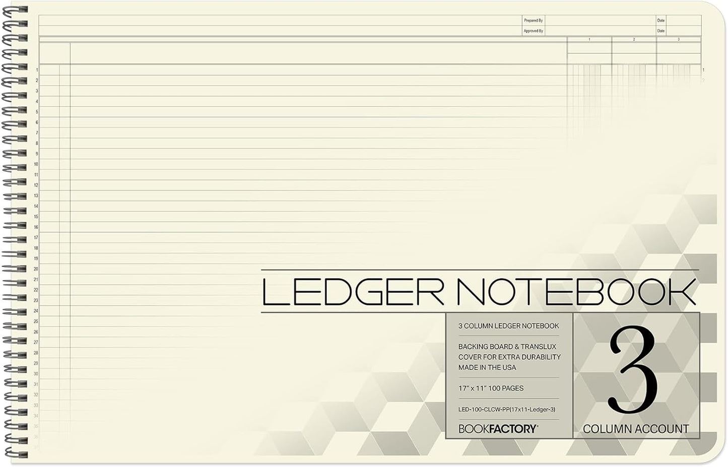 BookFactory Accounting Ledger Notebook/Large 3 Column Accounting Ledger Columnar (Three Columns) Log Book - 17'' x 11'', 100 Pages, Wire-O Landscape Format (LED-100-CLCW-PP(17x11-Ledger-3)-AX)
