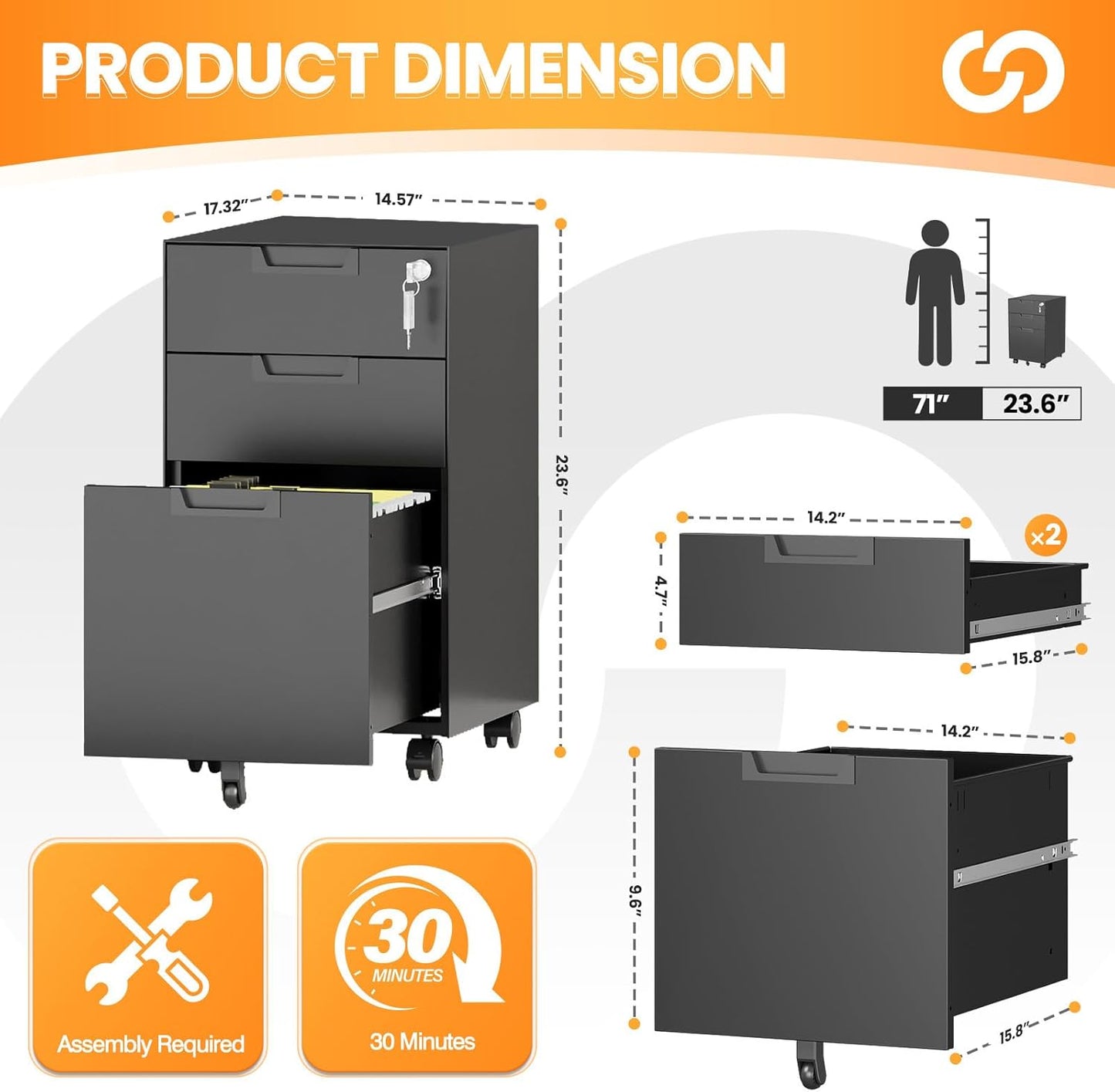 3 Drawer File Cabinet with Lock, Fully Assembled Metal Mobile Filing Cabinets for Home Office, Small Rolling File Caninet on Wheels for Legal/Letter / A4 File, Black