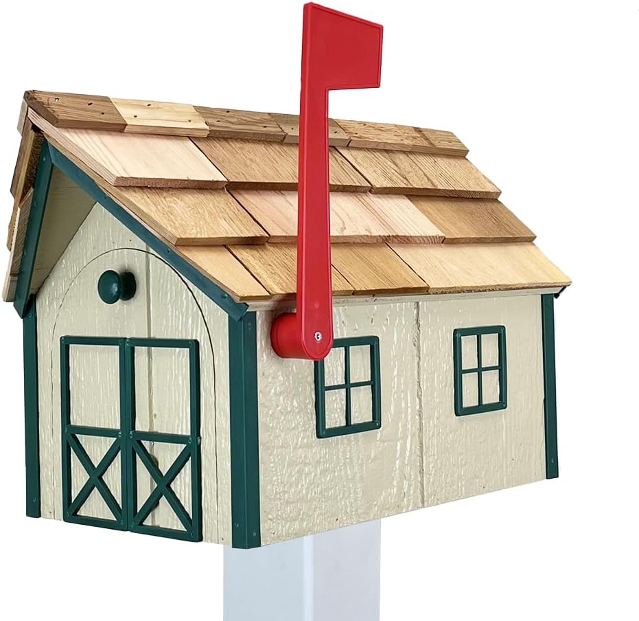 Peaceful Classics Amish Cedar Roof Wooden Mailbox with Window & Door Trim, Handcrafted Mailboxes for Outside, Post Mount Residential Mailboxes - (Beige & Green, Wood)