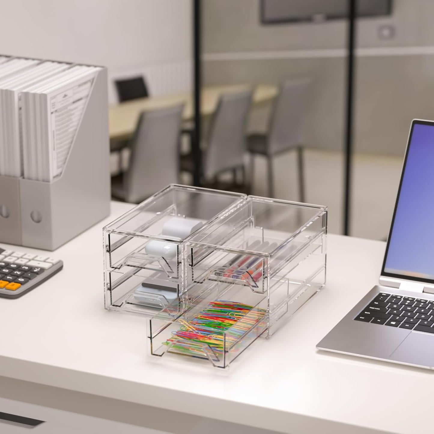 Desk Organizer Drawer Office Storage: 4 Plastic Drawers Organizers for Small Accessories, Clear Box for Stationery Supplies Organization, Storage Acrylic Bins Holder for Classroom Table