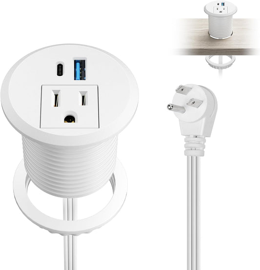 XBA 2inch Desktop Power Grommet, Recessed Power Strip with PD 20W USB C, AC Outlet and 18W USB A Charging Port, Hidden Desk Power Outlets with 6FT Extension Cords for Office, Home, Conference(White)